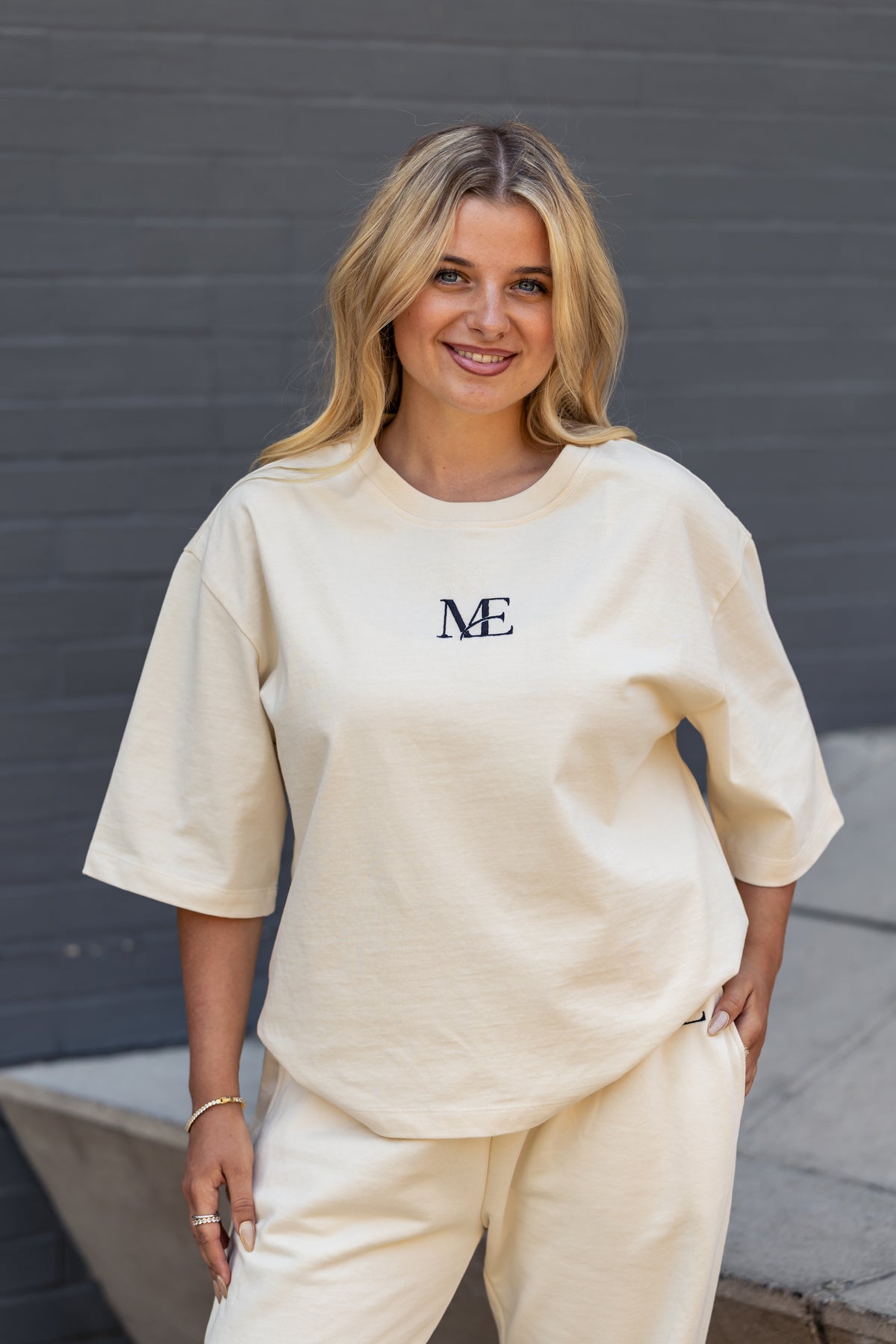 ManEmy cream matching set — unisex oversized loungewear, ME monogram